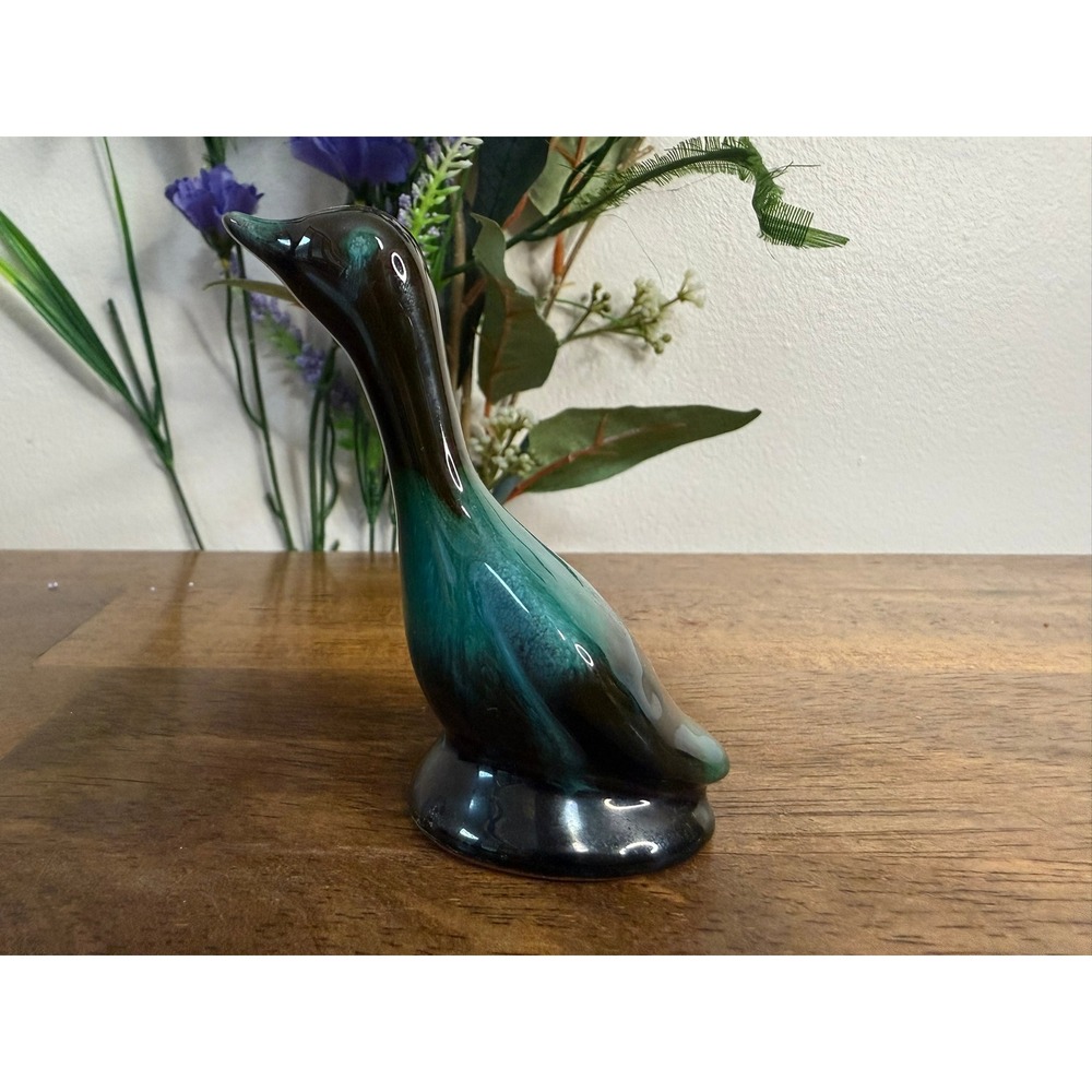 Blue Mountain Pottery Goose Duck Figurine Blue Green Drip Glaze Canada Vintage